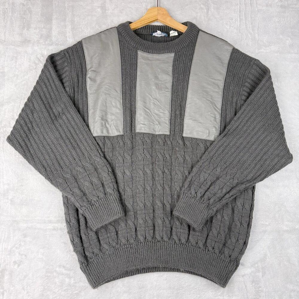 Vintage Angelo Wool Blend Cable Knit Leather Panel Sweater 52 Made In Italy 90s